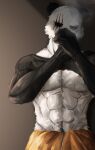  2022 abs anthro barazoku beastars big_muscles black_background black_sclera clothed clothing front_view fur giant_panda gouhin_(beastars) hi_res huge_muscles male mammal muscular muscular_anthro muscular_male narrowed_eyes obliques pecs scar shadow simple_background smoke smoking solo standing teseirei topless topless_anthro topless_male towel towel_only tuft ursid vein 