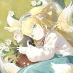  1girl absurdres animal animal_ear_fluff animal_ears arknights arm_up bag bangs black_cat blonde_hair blue_dress blue_hairband cat closed_mouth commentary_request day dress flower fox_ears fox_girl fox_tail frilled_hairband frills grass green_eyes hair_in_mouth hairband hand_up highres jacket kitsune long_hair long_sleeves luoxiaohei lying multicolored_hair neck_ribbon on_grass on_side open_clothes open_jacket outdoors puffy_long_sleeves puffy_sleeves red_ribbon ribbon sleeves_past_wrists smile suzuran_(arknights) tail the_legend_of_luo_xiaohei two-tone_hair white_flower white_hair white_jacket yuyin_(uzrv7533) 