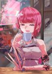  1girl android bangs breasts building car_crash cup damaged earrings electricity fire highres holding holding_cup holding_saucer holographic_interface indoors jewelry large_breasts long_hair mechanical_parts open_mouth original pink_hair pink_nails saucer shirt sleeveless sleeveless_shirt solo teacup umino_syachi_s upper_body window 