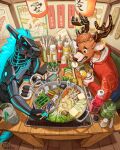 2026 absurd_res ambiguous_gender anthro antlers artist_name beverage blue_hair booth brown_body brown_fur brown_hair chopsticks clothing condiment deer digital_media_(artwork) drinking_straw duo electronic_component electronics food fur furniture hair heterochromia hi_res hoodie horn hotpot male mammal poster_(object) restaurant sauce sitting spiritinchoco synth_(vader-san) table teeth text topwear wire