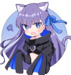  1girl animal_ear_fluff animal_ears blue_eyes blue_ribbon blush cat_ears cat_tail chibi cropped_jacket cropped_torso fate/grand_order fate_(series) hair_between_eyes hair_ribbon long_hair long_sleeves looking_at_viewer meltryllis_(fate) purple_hair rabiiandrain ribbon shirt sleeves_past_fingers sleeves_past_wrists solo squiggle tail very_long_hair white_shirt 