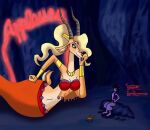 aladdin_(disney) antelope anthro blonde_hair bovid bra breasts choker clothing cuff_(restraint) disney duo female fist gazelle gazelle_(zootopia) genie_julius gold_(metal) hair hand_on_butt hand_on_head horn human jewelry looking_at_another magic_lamp mammal necklace night on_rock pivoted_ears red_bra red_clothing red_underwear restraints rock sitting sitting_on_rock smile smiling_at_another underwear wrist_cuffs zootopia