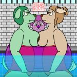 1:1 4_fingers :3 absurd_res anthro areola artist_name bars blue_sky blush blush_lines bound bound_together breast_squish breasts breasts_frottage brick brick_wall brown_areola brown_hair brown_nose canid canine canis cheek_tuft clothed clothing competition cute_fangs deer del_(rotsleek) detailed_background domestic_dog ears_back exposed_breasts eye_contact eyelashes facial_tuft fangs female female/female fighting_over_boy fingers floating floppy_ears fluffy fluffy_hair front_view fur goober_(rotsleek) green_areola green_body green_eyes green_fur green_hair green_nose group hair hair_bun hi_res holding_inner_tube inflatable inner_tube lifeguard_swimsuit looking_at_another male mammal melon_(rotsleek) mustelid navel new_world_deer observing otter partially_clothed partially_submerged pivoted_ears purple_body purple_eyes purple_fur purple_hair purple_nose reindeer rotsleek round_ears short_tail side_view sign sky smirking_at_another squish staring_at_chest swimming_trunks swimwear tail tan_body tan_eyes tan_fur teeth text tile tile_wall titfight topless topless_male trio tuft wall_(structure) water waterline_view whiskers zip_tie