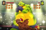 2026 3:2 anthro ape belly belly_punching big_belly bottomwear boxing boxing_gloves clothing crimsonmercury7192 donkey_kong_(character) donkey_kong_(series) donkey_kong_64 duo fangs feral fighting_ring fur gameplay_mechanics gui handwear haplorhine health_bar k_lumsy kremling male mammal muscular muscular_anthro muscular_arms muscular_male nintendo obese obese_anthro obese_feral open_mouth overweight overweight_anthro overweight_feral overweight_male primate scales scalie shorts signature size_difference skull_hat sport teeth text tongue