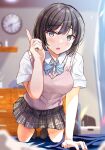  1girl arm_support black_hair blurry blurry_background bow bowtie breasts fushimi_asuha hand_up highres index_finger_raised indoors kneeling looking_at_viewer miniskirt nail_polish open_mouth original school_uniform short_hair skirt solo sweater_vest 