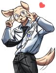  &lt;3 2022 anthro beastars belt bird_dog breath canid canine canis clothed clothing domestic_dog dress_shirt eyewear fur gesture glasses hi_res hunting_dog jack_(beastars) labrador looking_at_viewer male mammal motion_lines name_tag necktie panting retriever shirt simple_background smile solo standing tail_motion tailwag teseirei topwear tuft v_sign white_background 