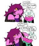 2_horns 2_panel_comic anthro biped bovid caprine clothed clothing darkner deltarune dialogue digital_drawing_(artwork) digital_media_(artwork) duo english_text eyewear female female_anthro floppy_ears fluffy fur glasses goat hair hair_over_eye hand_on_face heart_symbol horn impwolf666 looking_at_viewer male male_anthro mammal pink_body pink_hair pink_horn pink_scales ralsei scales scalie scarf simple_background snout susie_(deltarune) talking_to_another text undertale_(series) wearing_glasses white_background white_body white_fur worried yellow_sclera