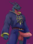 anthro balls belt big_penis dragon erection front_view genitals glans hi_res horn humanoid_genitalia humanoid_penis looking_at_viewer male mythological_creature mythological_scalie mythology partially_clothed_male penis pupils purple_background red_body red_scales red_sclera scales scalie simple_background slipperydragon slit_pupils solo standing yellow_eyes