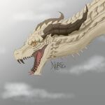  brown_horn claws cloudscape dragon fangs feral horn looking_at_another male nuree_art scalie simple_background sky solo spikes tan_body tongue western_dragon yellow_eyes 