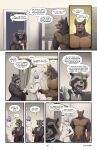 5_fingers 7_panel_comic absurd_res anthro balls bathroom biped black_text blake_harper_(thepurp) bottomless bottomless_anthro bottomless_male brown_body canid canine canis casual_nudity clothed clothed/nude clothing comic dialogue digital_media_(artwork) dobermann domestic_dog english_text exclamation_point fingers finn_(thepurp) genitals group hair hi_res hudson_(thepurp) lagomorph leporid looking_at_another male mammal muscular muscular_anthro muscular_male nipples nude nude_anthro nude_male pecs penis pinscher procyonid purple_hair rabbit raccoon shower social_nudity speech_bubble tail talking_to_another teeth text thepurp toilet topwear topwear_only trio