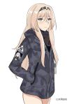  1girl absurdres ak-12_(faint_light_of_furthest_day)_(girls&#039;_frontline) ak-12_(girls&#039;_frontline) ak-12_(girls&#039;_frontline)_(cosplay) an-94_(girls&#039;_frontline) artist_name bangs black_undershirt blonde_hair blush camouflage camouflage_jacket chinese_commentary cosplay cowboy_shot defy_(girls&#039;_frontline) girls&#039;_frontline grey_jacket hairband hands_in_pockets highres hood hoodie jacket long_hair looking_at_viewer no_pants redteablackcoffee sidelocks solo thighs turtleneck undershirt very_long_hair white_background 