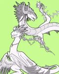  asian_mythology avian bird claws dinosaur dragon duo east_asian_mythology eastern_dragon eye_contact fangs female feral flower hi_res horn laugh line_art looking_at_another mythology naya_(nuree_art) nuree_art plant reptile scalie simple_background sketch smile spikes wings 