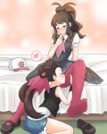  2girls absurdres bed blue_eyes blush brown_footwear closed_eyes collared_shirt commentary_request cosplay costume_switch dress facing_another grey_dress hat hat_removed headwear_removed heart high_ponytail highres hilda_(pokemon) hilda_(pokemon)_(cosplay) kissing_thigh kurosawa_karura long_hair looking_at_another looking_down low_twintails multiple_girls pantyhose pokemon pokemon_(game) pokemon_bw pokemon_rse puffy_short_sleeves puffy_sleeves red_pantyhose roxanne_(pokemon) roxanne_(pokemon)_(cosplay) shirt shoe_removed shoes short_shorts short_sleeves shorts single_shoe sitting sleeveless sleeveless_shirt spoken_heart twintails white_shirt yuri 