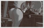 accessory alcohol alcohol_bottle anthro background_character bar beverage beverage_bottle big_breasts big_butt big_tail black_sclera border bottle breasts butt canid canine canis ceiling cheek_tuft cigarette cigarette_in_mouth cleavage cleavage_cutout cleavage_overflow clothed clothing container cup cutout detailed_background digital_media_(artwork) dress duo facial_tuft female fluffy fluffy_tail fur furniture glaring_at_viewer grey_body grey_fur greyscale hair hi_res hiverdose ilia_(hiverdose) inner_ear_fluff inside jackal leaning_on_furniture lighting_cigarette looking_back male mammal monochrome necktie object_in_mouth panties panty_shot pattern_floor pillar pointy_ears presenting presenting_hindquarters raised_tail short_dress smile smiling_at_viewer smoke smoke_from_mouth smoking smoking_cigarette sofa steam stool suit tail thick_thighs tuft underwear upskirt white_border