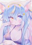  1girl :o animal_ear_fluff animal_ears bangs bare_shoulders bikini bikini_top_only black_bikini blonde_hair blue_eyes blue_hair cat_ears choker commentary_request d_omm front-tie_bikini_top front-tie_top hair_between_eyes hand_up heterochromia long_hair looking_at_viewer original parted_lips solo swimsuit upper_body yellow_eyes 