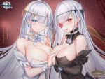  2girls asymmetrical_docking azur_lane bangs bare_shoulders black_dress blue_eyes blush breast_press breasts chain closed_mouth copyright_name detached_collar dress dual_persona earrings emden_(azur_lane) flower flower_over_eye gu_luco hair_ornament hand_on_another&#039;s_shoulder highres holding_hands interlocked_fingers jewelry large_breasts light_smile lock long_hair looking_at_viewer multiple_girls official_art open_mouth red_eyes red_flower red_rose rose strapless strapless_dress upper_body white_dress white_flower white_hair white_rose 