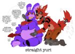 2024 animatronic anthro belly_grab biped bonnie_(fnaf) bow_tie canid canine dialogue digital_media_(artwork) duo electric_guitar english_text five_nights_at_freddy's fox foxy_(fnaf) gold_(metal) gold_tooth guitar hi_res hook hook_hand kafrizzzle lagomorph leporid long_ears machine mammal musical_instrument overweight overweight_anthro pirate plucked_string_instrument profanity purple_body rabbit raised_tail red_body red_bow_tie robot scottgames speech_bubble string_instrument tail tail_motion tailwag text trans_(lore) trans_man_(lore)