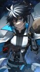  1boy ;d absurdres ahoge armor bangs belt black_belt black_gloves black_hair blue_eyes blurry blurry_background bouquet cape charlemagne_(fate) commentary_request falling_petals fate/extella fate/extella_link fate/extra fate/grand_order fate_(series) flower galaxy_background glint gloves hair_between_eyes highres holding holding_bouquet joyeuse_ordre_(fate) long_sleeves looking_at_viewer male_focus multicolored_hair one_eye_closed petals smile solo sword teeth tokikouhime two-tone_hair upper_body weapon white_cape white_flower white_hair 