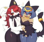 anthro big_breasts bikini black_bikini black_body black_clothing black_dress black_fur black_nose black_swimwear blue_body blue_hair blush blush_lines bodily_fluids breasts cheek_tuft cleavage clothed clothing dress duo dupin_(pal) eyelashes facial_tuft featureless_crotch felid feline female fur hair hand_holding hi_res jester lagomorph leporid looking_at_viewer mammal markings multicolored_body multicolored_fur navel neck_ring neck_tuft no_underwear octoberrk open_mouth open_smile orange_eyes pal_(species) palmorph palworld pocketpair rabbit red_eyes red_hair sekhmet_(pal) short_hair short_tail simple_background smile sweat sweatdrop swimwear tail tuft two-piece_swimsuit two_tone_body white_background white_body white_fur yellow_body yellow_markings