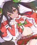  absurdres black_hair blonde_hair bow bowtie breasts capelet cleavage detached_sleeves eyelashes fur_trim hair_between_eyes highres idolmaster idolmaster_cinderella_girls long_hair matoba_risa midriff navel nimomin plaid pleated_skirt santa_costume sidelocks skirt small_breasts twintails 