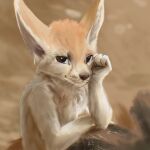  anthro big_ears blurred_background brown_background canid canine fennec fox hi_res looking_at_viewer male mammal simple_background sitting smile smirk solo stampmats 
