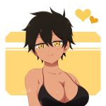  1girl artist_name bangs black_bra black_hair bra breasts cleavage dark-skinned_female dark_skin earrings hair_between_eyes heart highres jewelry kurobe_natsumi_(shiromanta) large_breasts looking_at_viewer senpai_ga_uzai_kouhai_no_hanashi short_hair slit_pupils smile solo thom_keisuke two-tone_background underwear upper_body yellow_eyes 