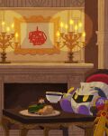  armor cake candle cape chair chimney cup fire food glowing glowing_eyes highres ice_cream kirby_(series) light looking_to_the_side looking_up mask meta_knight miclot plate portrait shoulder_armor shoulder_pads sitting solo sword tea weapon yellow_eyes 