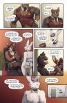 5_fingers 7_panel_comic absurd_res anthro balls biped black_text blake_harper_(thepurp) bodily_fluids bottomless bow_tie bow_tie_only brown_eyes butt canid canine canis cervine chair clothed clothing comic deer dialogue digital_media_(artwork) dobermann domestic_dog electronics embarrassed english_text exclamation_point eyebrows fingers finn_(thepurp) fur furniture garter_straps genital_fluids genitals group hair hi_res lagomorph leporid looking_at_another luca_(thepurp) male mammal mostly_nude muscular muscular_anthro muscular_male nipples nude nude_anthro nude_male on_chair open_mouth penis phone phone_screen pinscher purple_hair rabbit shirt sika_deer sitting speech_bubble standing tail talking_to_another teeth text thepurp topwear topwear_only towel trio vest vest_only white_body white_fur