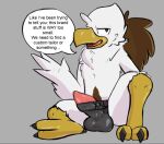  accipitrid accipitriform avian bird brown_body brown_feathers clothing dialogue eagle erection feathers ferrissimulator haywood looking_at_viewer male sitting solo tagme talons text_box underwear white_body white_feathers 