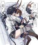  ... 2girls :3 amiya_(arknights) animal_ears arknights bangs belt black_gloves black_hair black_pantyhose blaze_(arknights) blue_eyes brown_hair cat_ears cat_girl cat_tail closed_eyes commentary couch facing_another fingerless_gloves flying_sweatdrops gloves grey_thighhighs hair_between_eyes highres hug long_hair looking_at_another lying multiple_girls na_tarapisu153 on_back on_couch on_side pantyhose rabbit_ears sketch spoken_ellipsis tail thigh_belt thigh_strap thighhighs thought_bubble translated 