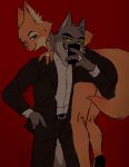 anthro blush butt canid canine canis carrying_another carrying_partner clothing diane_foxington dreamworks dress duo eyebrow_piercing eyebrow_slit eyebrows facial_piercing female fluffy footwear fox fur grey_body grey_fur hand_in_pocket helloimkartu hi_res high_heels looking_back male male/female mammal mr._wolf_(the_bad_guys) multicolored_body multicolored_fur orange_body orange_fox orange_fur piercing pink_nose pockets presenting presenting_hindquarters red_fox selfie shoes shoulder_carry smile standing suit tail the_bad_guys true_fox two_tone_body two_tone_fur wedding_dress wolf yellow_eyes