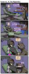 5_fingers absurd_res amber_eyes ambiguous_gender amputated_leg anthro box canid cardiac_monitor chair clothing coat coffee_mug comic container cybernetic_arm cybernetic_foot cybernetic_leg cybernetic_limb cybernetic_tail cyberpunk dialogue digitigrade duo english_text eyemask eyewear facial_markings feet fingers fur furniture gloves greeting grey_clothing hammer hand_in_pocket handwear head_markings hexagonal_grid hi_res hindpaw hood humor jax_(zk-fur) jumpsuit leg_markings leg_pouch long_snout looking_at_another male mammal markings mask mask_(marking) medical_instrument multicolored_body multicolored_fur neon_lights paws pliers pockets poster_(object) procyonid raccoon ranged_weapon redacted_text rolled_up_sleeves salvation_(zk-fur) scientific_instrument screwdriver snout swivel_chair text tools topwear weapon workbench workshop wrench zk-fur