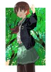  1girl absurdres black_jacket black_pantyhose brown_hair commentary_request cowboy_shot crescent crescent_pin dappled_sunlight gradient_hair green_sailor_collar green_skirt haida_katsuretsu highres jacket kantai_collection multicolored_hair mutsuki_(kancolle) mutsuki_kai_ni_(kancolle) neckerchief pantyhose pleated_skirt red_hair red_neckerchief sailor_collar school_uniform serafuku short_hair skirt solo standing sunlight tree 