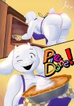 anthro appliance apron bearmmminister bent_over big_breasts big_butt black_eyes boss_monster_(undertale) bovid breasts butt caprine clothing fangs female floppy_ears food front_view fur goat handwear hi_res horn huge_breasts huge_butt kitchen_appliance looking_at_viewer lop_ears mammal mostly_nude one_eye_closed open_mouth open_smile oven oven_mitts panties pastry pie pink_clothing pink_panties pink_underwear purple_apron purple_clothing rear_view smile solo teeth text thick_thighs toriel undertale_(series) underwear white_body white_fur white_horn wide_hips wink winking_at_viewer