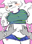 anthro belly belly_overhang belly_rub belly_squish big_breasts big_ears bird_dog blush blush_lines bodily_fluids bottomwear breasts canid canine canis clothed clothing cocker_spaniel colored denim denim_bottomwear denim_clothing denim_shorts domestic_dog dot_eyes female first_person_view heart_symbol hi_res hotpants hunting_dog kint lying mammal navel nervous nervous_sweat nonbinary_(lore) on_back one_eye_obstructed onomatopoeia open_bottomwear open_clothing open_pants panties pants pattern_clothing pattern_shirt pattern_topwear shirt shirt_up shorts simple_eyes slightly_chubby solo sound_effects spaniel squish striped_clothing striped_shirt striped_topwear stripes sweat sweatdrop t-shirt text thick_thighs topwear underwear warren_(kint) white_body