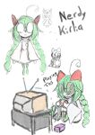 absurd_res big_glasses blep braided_hair clothed clothed_female clothing coat colored colored_sketch controller cowlick electronics english_text eyewear female game_controller generation_3_pokemon glasses green_hair hair head_spikes hi_res kirlia lab_coat miiserii nerd nintendo pigtails pokemon pokemon_(species) sitting sketch solo spikes spikes_(anatomy) television text tongue tongue_out topwear tv_antenna
