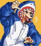  2022 anthro baggy_clothing beastars bird_dog blush canid canine canis clothed clothing costume domestic_dog emanata eyebrows fish fur hi_res hood hunting_dog jack_(beastars) labrador male mammal marine onesie open_mouth open_smile retriever shark simple_background smile solo teeth teseirei tongue tuft yellow_background 