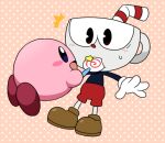alien alien_humanoid ambiguous_gender animate_inanimate bendy_straw blush blush_lines container cup cuphead_(character) cuphead_(game) daww dotted_background drinking_straw duo for_a_head humanoid kirby kirby_(series) kiro247 lollipop_in_mouth male nintendo not_furry object_head pattern_background simple_background studio_mdhr surprised waddling_head
