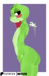 absurd_res amphibian anthro big_butt black_eyes border bow_tie butt drt_l0l eyelashes featureless_chest female flat_chested frog glitch_productions green_body hi_res looking_at_viewer purple_background red_bow_tie ribbit_(tadc) rosy_cheeks side_view simple_background smile solo the_amazing_digital_circus thick_thighs white_border wide_hips