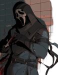  1boy against_wall armband artist_name belt blood blood_on_clothes blood_on_wall bozo-chan brick_wall ghostface gloves holding holding_knife hood hooded_jacket hoodie jacket knife light male_focus mask scream_(movie) signature solo wall 