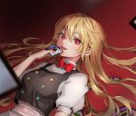  100th_black_market 1girl ability_card_(touhou) apron black_vest blonde_hair blush card hair_between_eyes highres holding holding_card kirisame_marisa long_hair open_mouth puffy_short_sleeves puffy_sleeves red_eyes shironeko_yuuki shirt short_sleeves smile solo touhou upper_body vest waist_apron white_apron white_shirt 