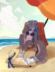 4_toes 5_fingers anthro beach beach_chair beach_umbrella bikini biped black_bikini black_clothing black_swimwear blue_clothing blue_eyes blue_hair chair clothed clothed_anthro clothed_female clothing cloud colored crazyfoxlady day digital_drawing_(artwork) digital_media_(artwork) eyelashes eyewear eyewear_on_head feet felid female female_anthro fingers full-length_portrait fur furniture grey_body grey_fur grey_tail hair hat headgear headwear hi_res long_hair long_tail looking_at_viewer mammal markings outside pantherine parasol paws pink_nose portrait sand sea seaside shaded signature sitting sky smile snow_leopard solo spots spotted_body spotted_fur summer sun_hat sunglasses sunglasses_on_head swimwear tail toes two-piece_swimsuit umbrella water wearing_sunglasses white_body white_fur