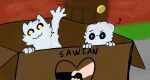 4chan_anon absurd_res adoption_box ambiguous_gender anthro black_sclera blue_pupils bodypaint box canid canine cardboard cardboard_box casualties:_unknown container duo ellipsis felid feline fur gesture gunsawian hi_res hiding logo mammal milky_(gunsawian) pupils questioning_ellipsis voyager_(gunsawian) waving yellow_pupils
