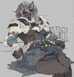 2024 anthro arm_tattoo armwear beer_mug belt bent_arm bent_legs biped black_nose blue_bottomwear blue_clothing blue_loincloth blue_nails blue_tattoo bottomwear bracelet braided_hair breast_tattoo breasts brown_belt canid canine canis cheek_tuft chest_tattoo clothed clothed_anthro clothed_female clothing colored_nails digital_media_(artwork) ear_tattoo ears_up eye_scar eye_tattoo eyebrow_through_hair eyebrows eyelashes facial_scar facial_tattoo facial_tuft fangs female female_anthro fur fur_trim_(clothing) glistening glistening_eyes glistening_hair green_sclera grey_arms grey_background grey_body grey_bottomwear grey_breasts grey_clothing grey_ears grey_eyebrows grey_face grey_fingers grey_fur grey_hair grey_hands grey_inner_ear grey_inner_ear_fluff grey_legs grey_loincloth grey_snout grey_thighs grey_tuft hair hair_between_eyes hi_res humanoid_hands inner_ear_fluff jewelry kemono korean_description loincloth long_braid long_hair looking_at_viewer mammal meckmeck00124 muscular muscular_anthro muscular_female nails one_eye_closed open_mouth pink_tongue portrait pupils scar showing_teeth simple_background sitting slit_pupils snout solo tattoo teeth three-quarter_portrait three-quarter_view tongue tongue_out translucent translucent_hair tuft two_tone_loincloth under_boob viking warrior wide_hipped_anthro wide_hipped_female wide_hips wolf x_scar