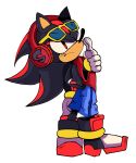 black_body black_fur black_nose blue_bottomwear blue_clothing blue_shorts bottomwear clothed clothing derekunleashed electronics eulipotyphlan eyewear eyewear_on_head footwear fur gloves handwear headphones hedgehog hi_res male mammal pupils red_body red_clothing red_eyes red_fur red_shirt red_topwear sega shadow_the_hedgehog shirt shoes shorts simple_background solo sonic_the_hedgehog_(series) sunglasses sunglasses_on_head tan_body tan_skin topwear wearing_sunglasses white_background white_clothing white_gloves white_handwear