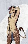 2_horns anthro blue_eyes blue_penis blue_tongue brown_spots extended_tongue genitals giraffe giraffid hand_behind_head hi_res horn long_ears long_neck long_tongue looking_aside_at_viewer male mammal markings medial_ring mottled mottled_body navel nipples nude ossicone penis raised_arm snout solo spots spotted_body tail tail_tuft tan_body thin_tail tongue tuft vein veiny_penis weegboi