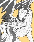  aetherioux_(nuree_art) claws dragon duo eye_contact eyes_closed fangs feral hand_on_head hi_res horn line_art looking_at_another male nuree_art scalie simple_background sketch spikes western_dragon wings 
