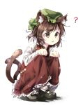  1girl :d ? animal_ears brown_eyes brown_hair cat_ears cat_tail chen earrings gorilla_(bun0615) green_headwear hat highres jewelry mob_cap multiple_tails short_hair single_earring smile solo squatting tail touhou two_tails 