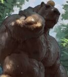 absurd_res anthro barazoku brown_body brown_fur bust_portrait capybara caviid food fruit fur hi_res male mammal muscular muscular_anthro muscular_male orange_(fruit) orange_on_head pecs pinup plant portrait pose rodent solo taran_fiddler water wet whiskers