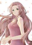  1girl aerith_gainsborough bangs bare_arms breasts cleavage dress falling_petals final_fantasy final_fantasy_vii final_fantasy_vii_remake green_eyes hair_down highres long_hair looking_afar medium_breasts nalu own_hands_clasped own_hands_together parted_bangs parted_lips petals pink_dress sideboob sidelocks sleeveless sleeveless_dress solo spaghetti_strap twitter_username upper_body wavy_hair white_background 
